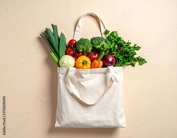 Fototapeta Reusable Eco Bag Filled with Fresh Vegetables on Neutral Background