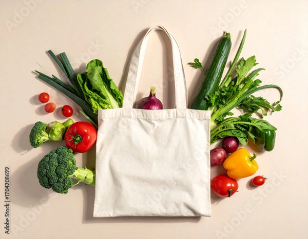 Fototapeta Reusable Eco Bag Filled with Fresh Vegetables on Neutral Background