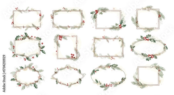 Fototapeta Collection of decorative frames with winter foliage and red berries art