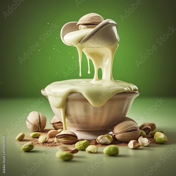 Fototapeta Pistachio cream flowing onto pistachios in a bowl delicious dessert concept studio shot on green background