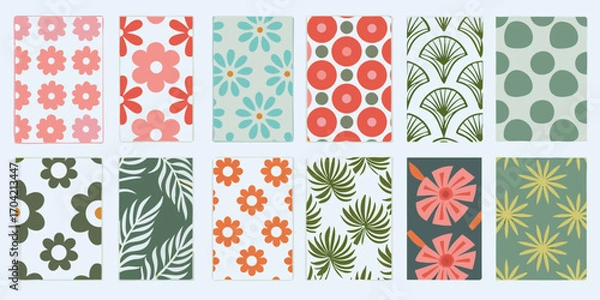 Fototapeta Collection of twelve colorful and retro floral and botanical seamless patterns