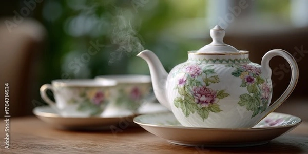 Fototapeta elegant tea set display, luxurious lifestyle of a bone china tea set, with teapot, cups and saucers, featuring delicate floral patterns, set in a softly lit living room