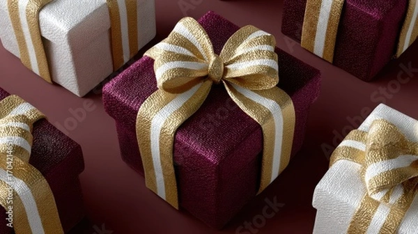 Fototapeta luxury gift box pattern, high-quality seamless background pattern showcasing classy gift boxes in assorted sizes and adorned with luxurious ribbons in a refined color palette geometric arrangement