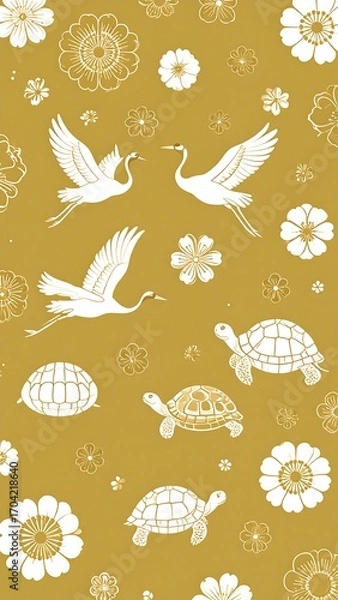 Fototapeta Floral pattern with cranes and turtles (1)