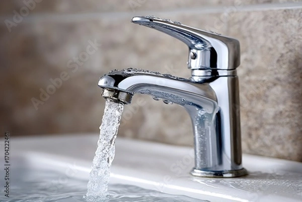 Obraz Pouring fresh, clean water from a sleek chrome faucet into a pristine white sink, creating an atmosphere of hygiene and refreshment in a modern bathroom setting