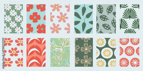 Fototapeta Collection of twelve seamless floral and leaf patterns in a variety of colors and styles