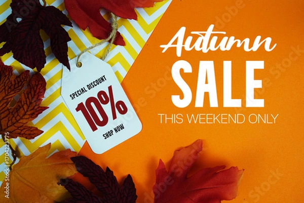 Obraz Autumn Sale 10% Off with Price Tag and maple leaf decorated on orange background