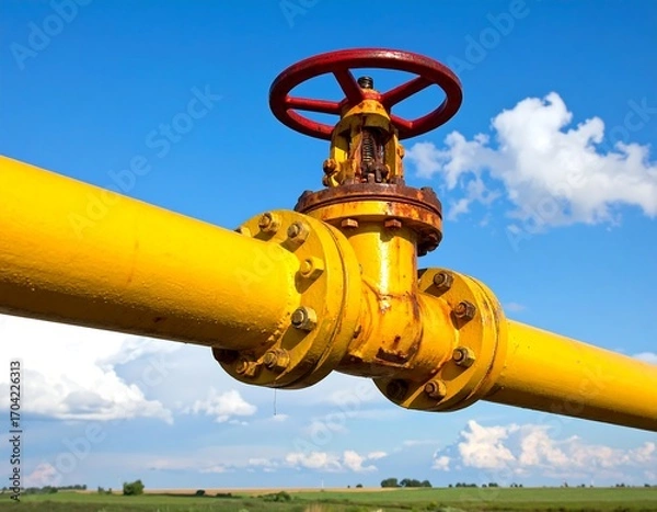 Fototapeta Yellow pipeline with valve against blue sky