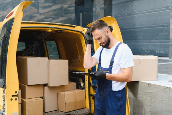 Fototapeta Delivery driver checking cardboard boxes on clipboard next to van