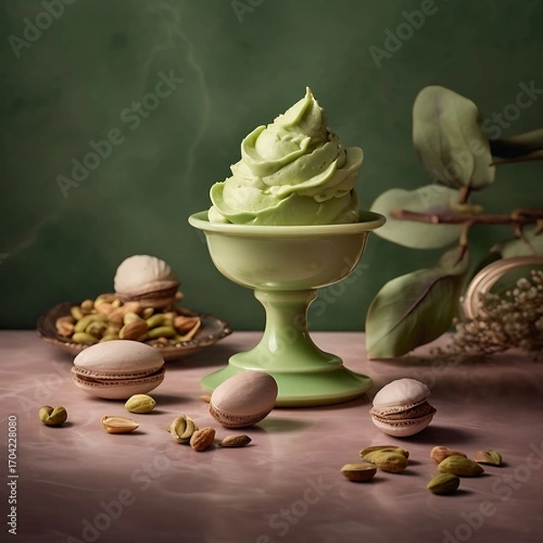 Fototapeta Pistachio dessert composition featuring a swirl of green pistachio cream in a vintage glass complemented by macarons and nuts on a pink surface against a green backdrop