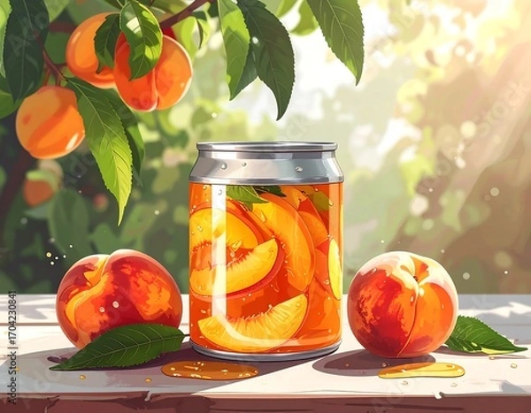Fototapeta Peach drink in a can, sunny orchard