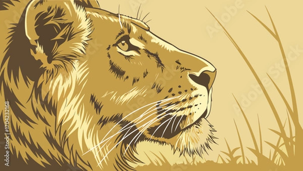 Fototapeta Illustration of a lion's head in profile with golden hues and grass in the background art design