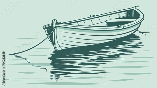 Fototapeta A serene illustration of a small rowboat gently floating on calm water with subtle reflections shown