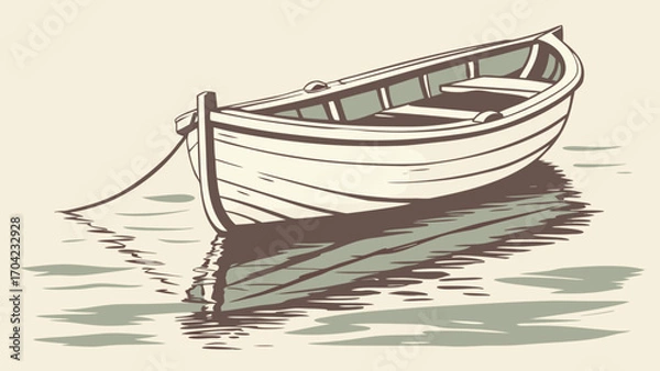 Fototapeta Illustration of a small boat floating on water with reflections and a rope tied to the dock