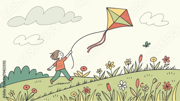 Fototapeta A child runs across a grassy field flying a kite with clouds and a butterfly in the sky on a sunny day