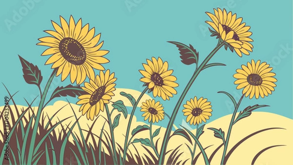 Fototapeta Illustration of sunflowers in a field with a blue sky and light yellow hills in the background scene