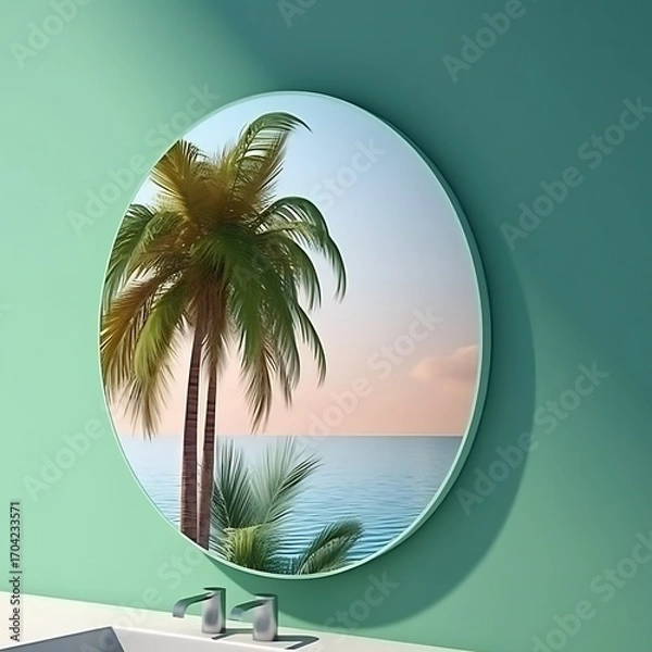 Fototapeta Tropical palm tree reflected in a round mirror creating a serene vacation vibe ideal for bathroom decor or coastal living concepts