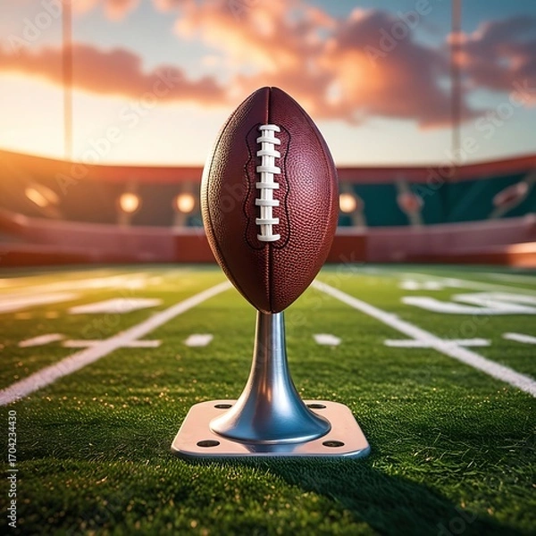 Fototapeta Photo of a brown American football with white laces placed upright on a metallic kicking tee at the exact center of a lush green stadium field with visible yard lines.