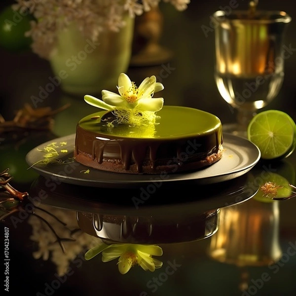Fototapeta Elegant chocolate matcha dessert with a flower garnish served on a reflective surface perfect for food blogs and culinary presentations