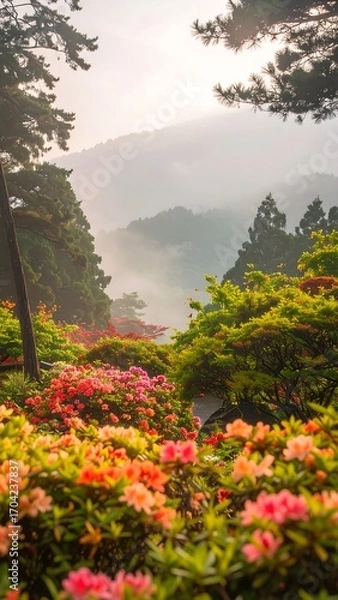 Obraz Misty mountain view through vibrant blossoms