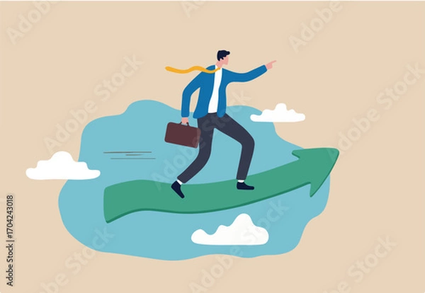 Fototapeta Business moving forward to achieve success, leadership vision for career growth concept, motivated smart businessman riding green rising up arrow graph in high sky pointing to future target.