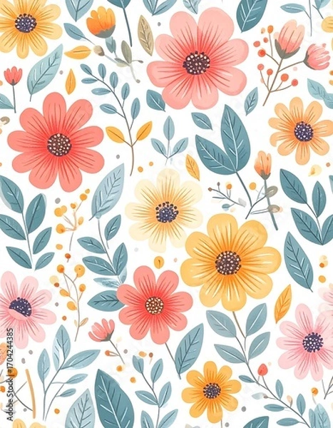Fototapeta Delicate floral pattern with pastel flowers and leaves on white background