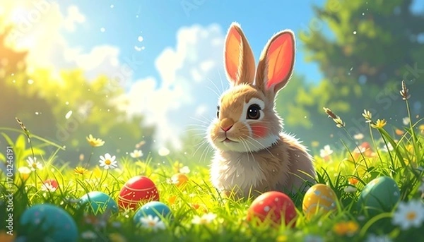 Fototapeta Cute bunny in a spring meadow