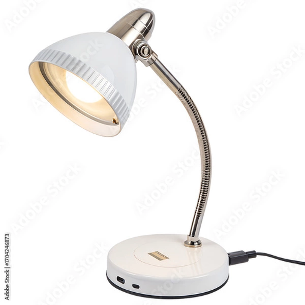 Fototapeta Single modern metallic black desk lamp with a bright bulb for reading and office lighting on a white background