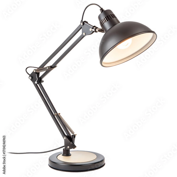 Fototapeta Single modern metallic black desk lamp with a bright bulb for reading and office lighting on a white background