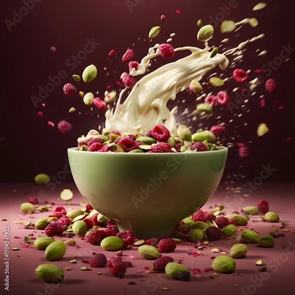 Fototapeta Dynamic splash of cream over a bowl of raspberries and pistachios a vibrant and appetizing food shot perfect for culinary blogs and advertising