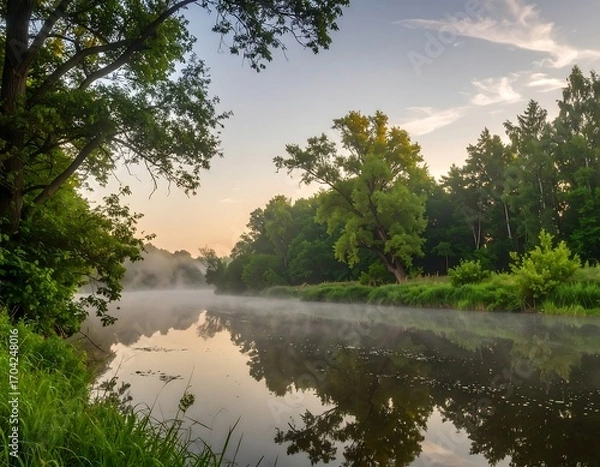 Obraz Misty river at dawn through trees