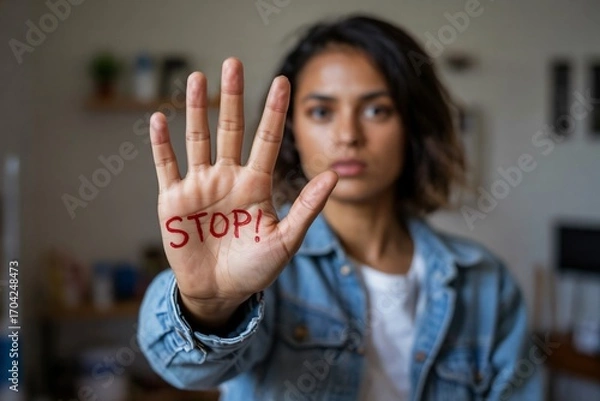 Fototapeta This powerful image features a woman holding her hand up to the camera, with the word "STOP!" clearly written in red ink on her palm