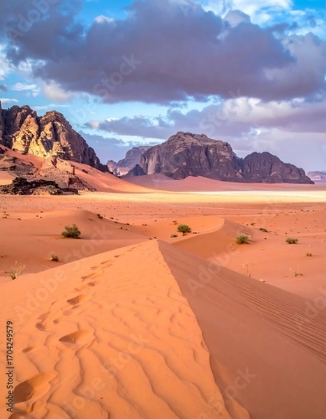 Fototapeta Desert landscape with sand dunes and mountains