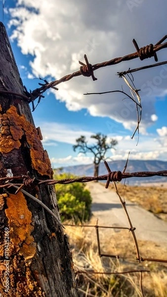 Fototapeta Rusty fence post, barbed wire, and country road
