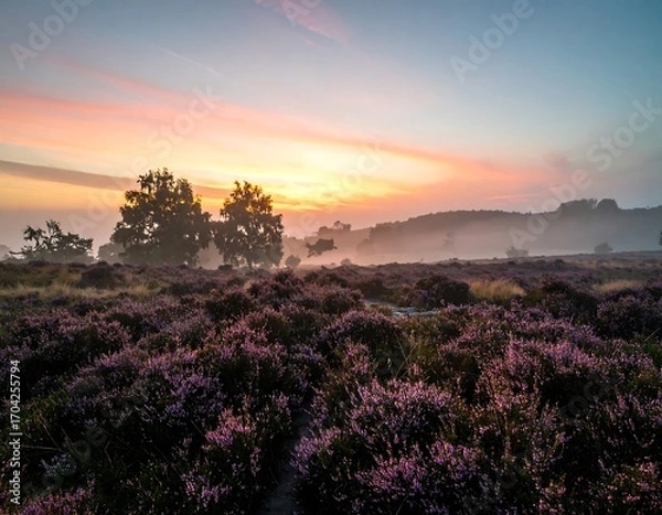 Obraz Misty sunrise over heather fields