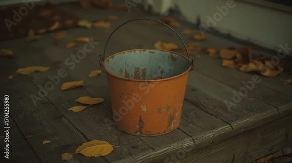 Fototapeta Rusty bucket of water on the wooden decking