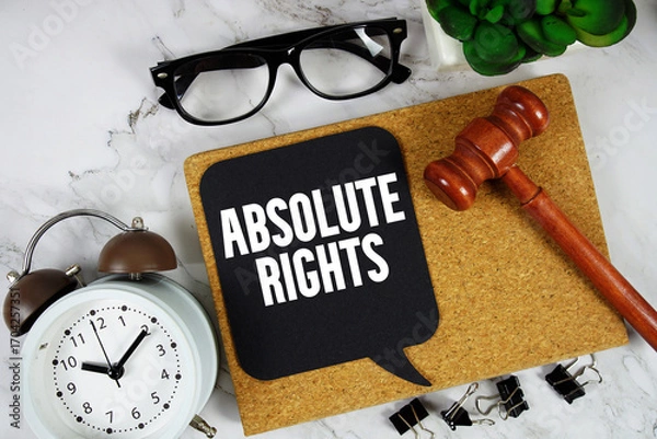 Obraz Absolute Rights text on speech bubble with alarm clock and wooden gavel on marble background