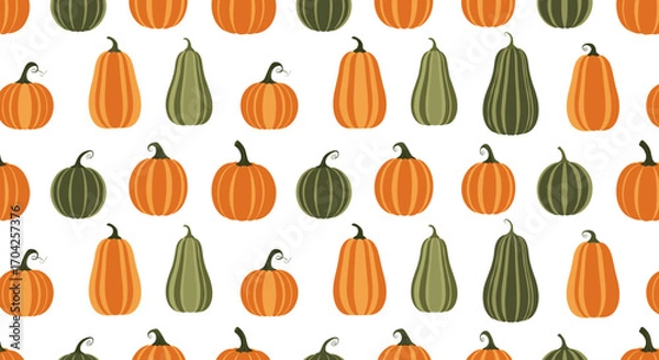 Fototapeta A seamless pattern of autumn harvest pumpkins and gourds in various sizes and shapes