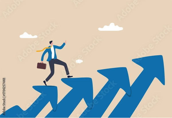 Fototapeta Business growth and career path, climb up ladder of success or staircase to grow up, ambition and leadership to achieve target concept, confidence businessman walk or stepping up growth arrow stair.