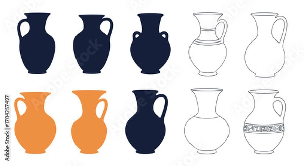 Fototapeta Collection of ancient ceramic vases and amphorae displayed as silhouettes and line drawings