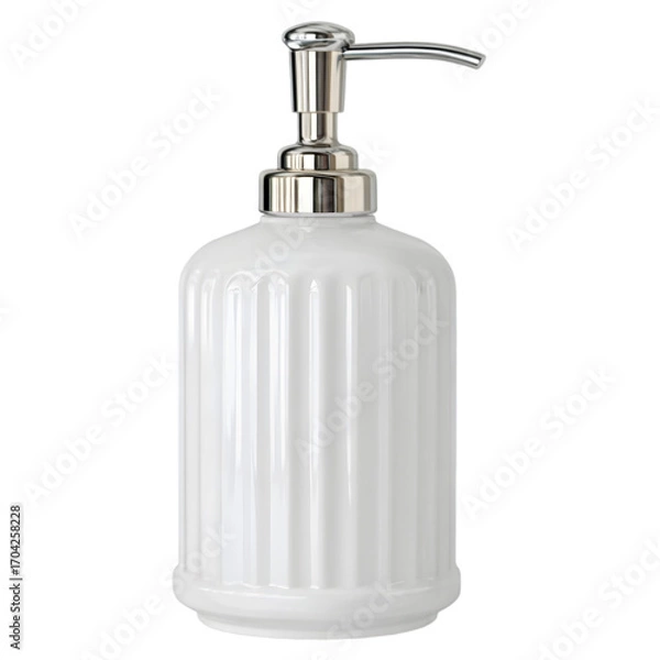 Fototapeta Elegant white ceramic ribbed soap dispenser with a shiny chrome pump isolated on transparent background