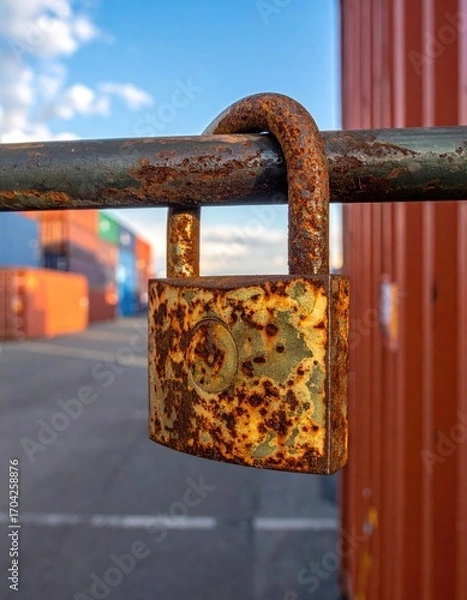 Obraz Rusty padlock hanging on a metal beam