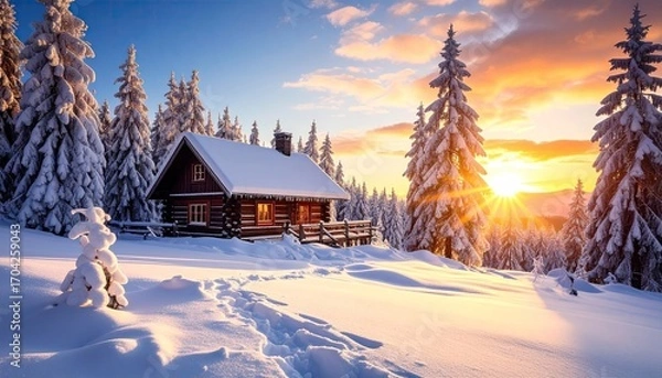Obraz Snowy mountain chalet at sunset.  A cozy log cabin, nestled in a snow-covered mountain landscape, bathed in warm golden sunset light.  Frosted pine trees frame the scene