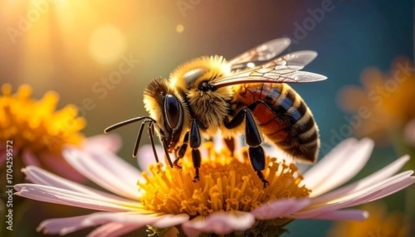 Fototapeta Honeybee on flower in sunlight
