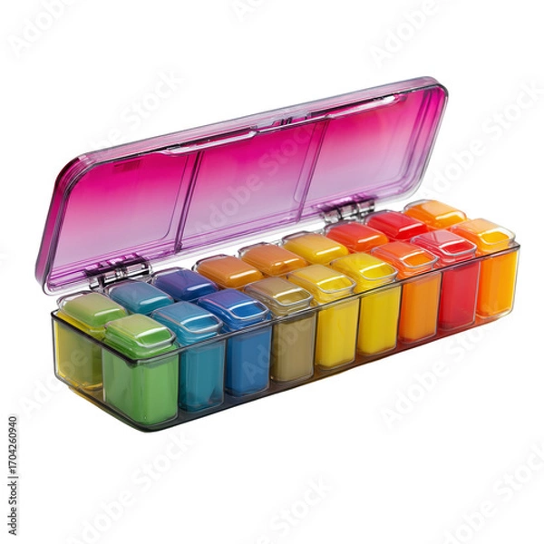 Fototapeta Colorful gradient pill organizer with compartments for daily medication management