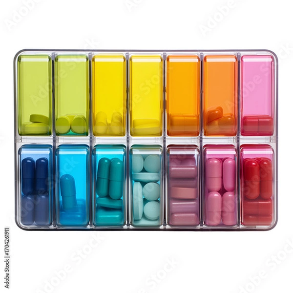 Fototapeta Colorful gradient pill organizer with 14 compartments for daily medication and vitamin storage