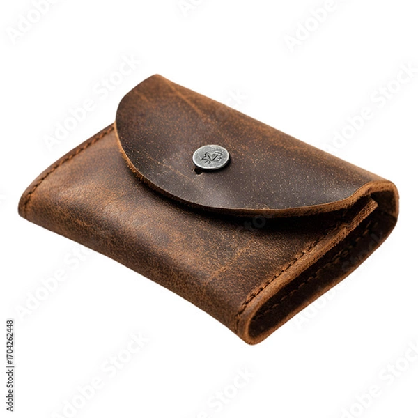 Fototapeta Rustic distressed brown leather coin purse with metal snap closure isolated on transparent background