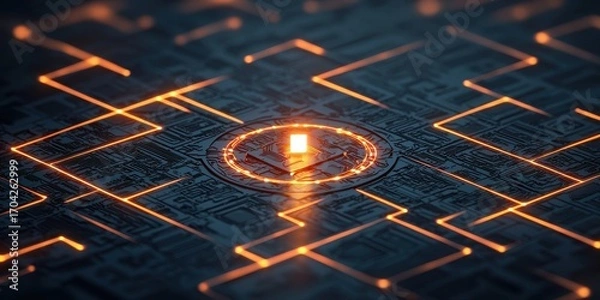 Fototapeta A glowing circuit design with a central illuminated square, resembling a digital maze or pathway, showcasing technology and innovation.