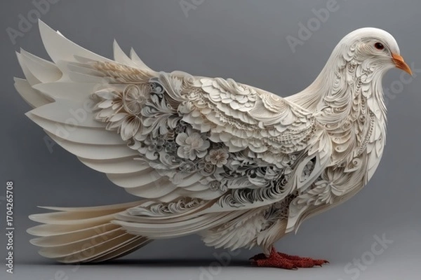 Fototapeta Paper cut dove on white background, concept for World Peace Day and science development