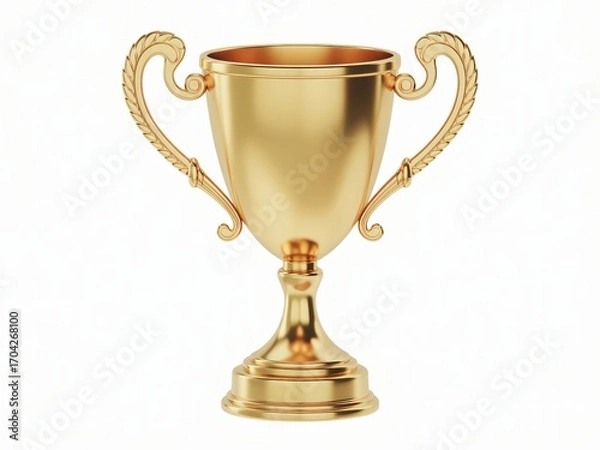 Fototapeta A gleaming golden trophy cup with ornate handles stands isolated on a white background. 